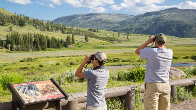 Two people look through binoculars