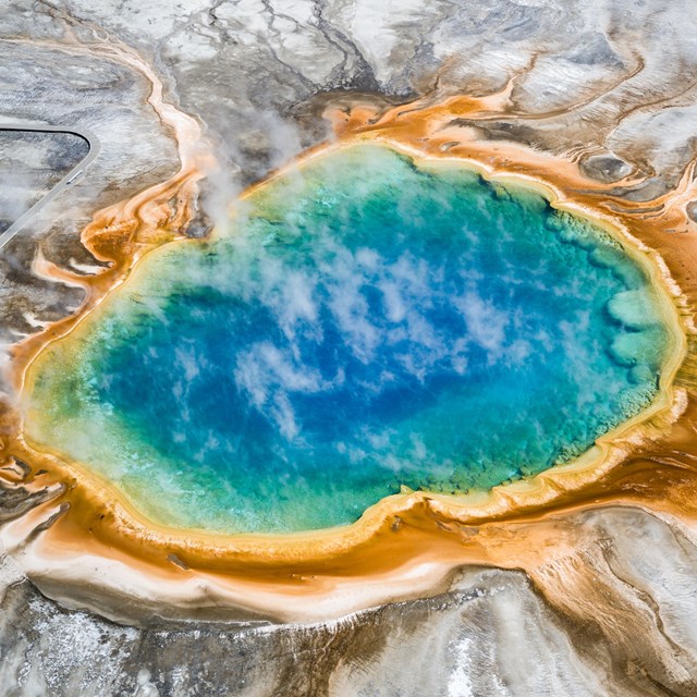 Colorful hots spring viewed from the air