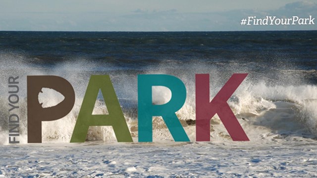 Waves crashing on the shore. The image reads "Find Your Park" in colorful graphic letters.