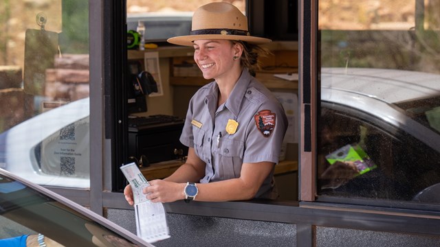 Entrance station at the southern border of Zion National Park in Springdale, Utah