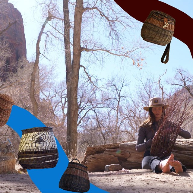 A woman sitting on the ground weaving a basket next to a log with photshopped baskets on colors