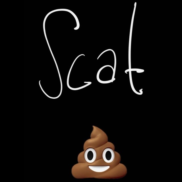 A black background with a brown, smiling poop emoji under the text, 
