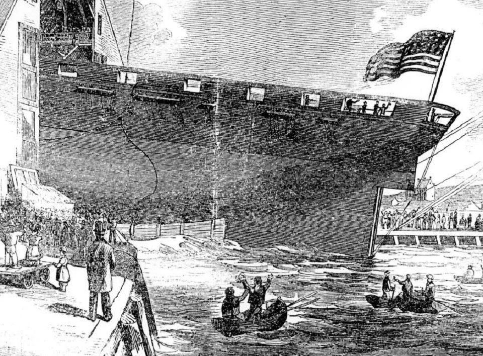 Sketch of a ship launching out of a large building into the harbor.