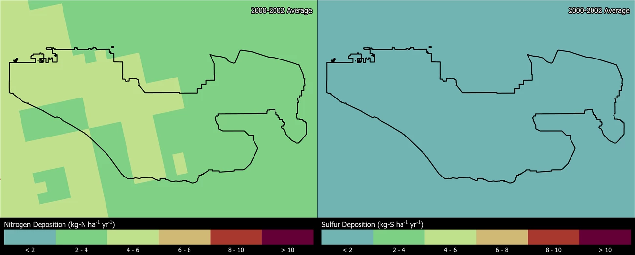 Two maps showing JOTR boundaries. The left map shows the spatial distribution of estimated total nitrogen deposition levels from 2000-2002. The right map shows the spatial distribution of estimated total sulfur deposition levels from 2000-2002.