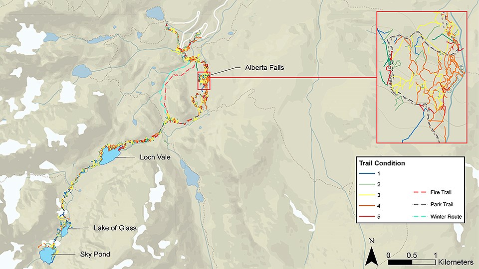 A map of improperly buried human waste documented in the Glacier Gorge trail corridor. in 2020