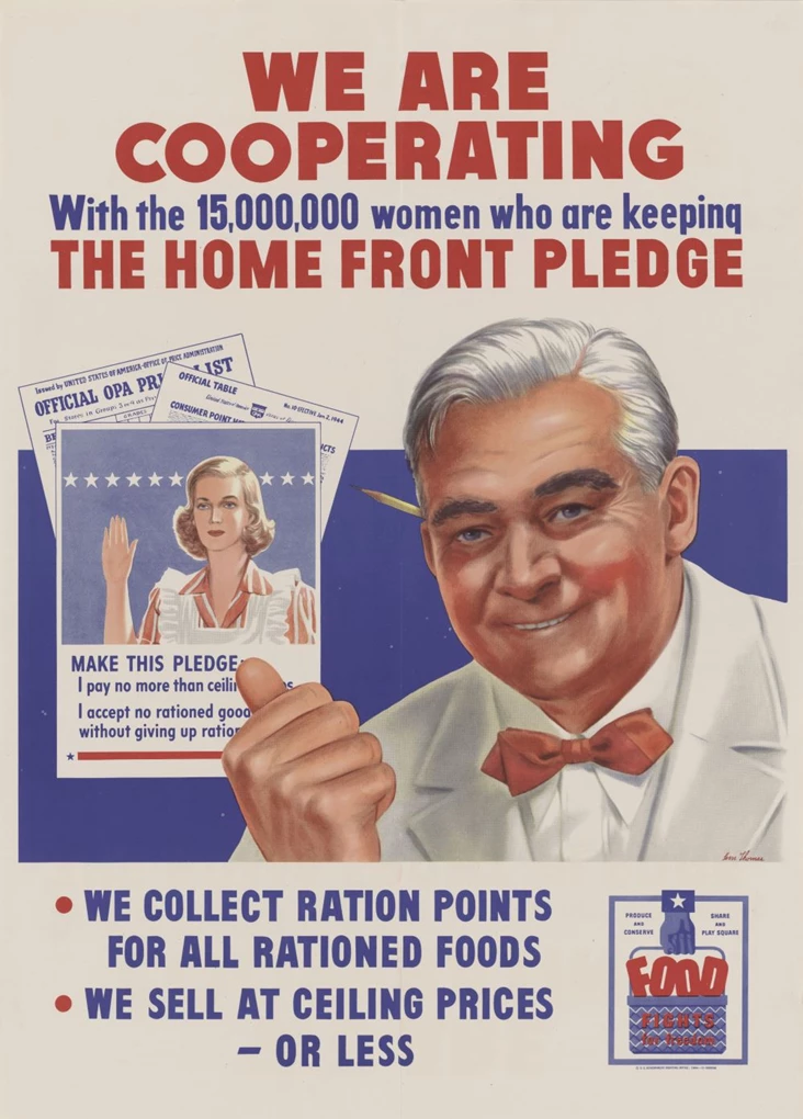 Graphic image of a white grocer wearing a red tie and white jacket pointing to a poster of a white woman with her right hand raised. She is pledging to pay no more than ceiling prices and to accept no rationed goods without giving up ration points.