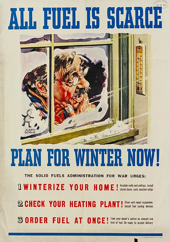 Illustration of an older man looking through a frosted window at a thermometer outside showing a temperature around 10 degrees Fahrenheit. Text is in blue, red, and black.