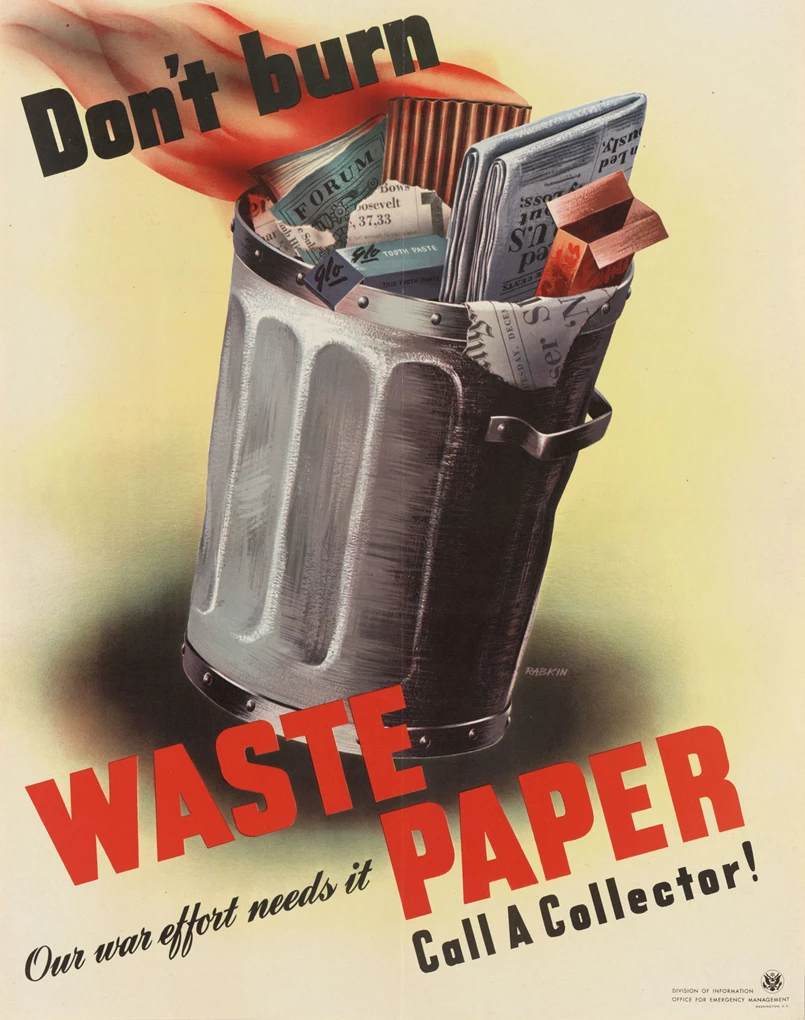 Color illustration of a metal garbage pail full of newspapers and packaging, with flames coming out the top.