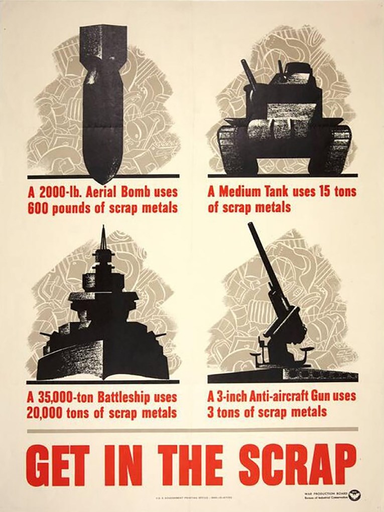 Color illustration of a white woman’s arm feeding cans as bullets into a machine gun. “Prepare Your Tin Cans for War”: remove ends and paper labels; wash thoroughly; flatten firmly.