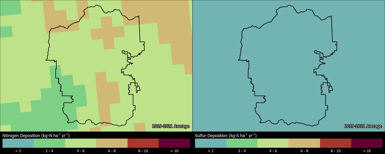 Two maps showing ROMO boundaries. The left map shows the spatial distribution of estimated total nitrogen deposition levels from 2000-2002. The right map shows the spatial distribution of estimated total sulfur deposition levels from 2000-2002.
