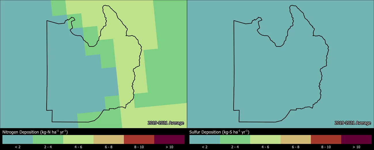 Two maps showing GRSA boundaries. The left map shows the spatial distribution of estimated total nitrogen deposition levels from 2000-2002. The right map shows the spatial distribution of estimated total sulfur deposition levels from 2000-2002.