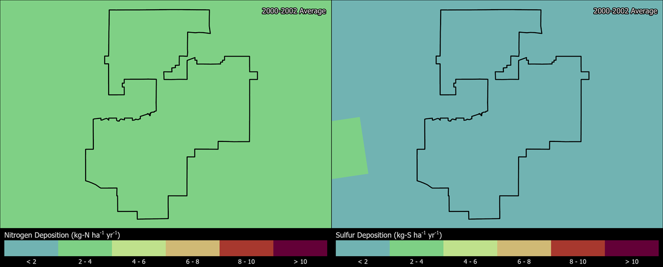 Two maps showing PEFO boundaries. The left map shows the spatial distribution of estimated total nitrogen deposition levels from 2000-2002. The right map shows the spatial distribution of estimated total sulfur deposition levels from 2000-2002.