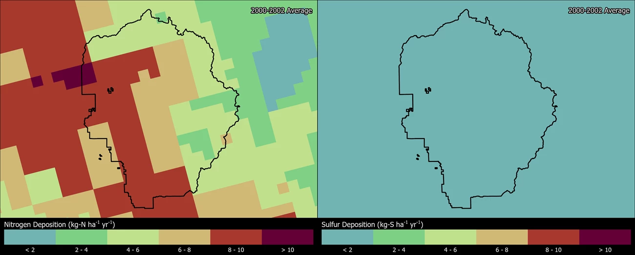 Two maps showing YOSE boundaries. The left map shows the spatial distribution of estimated total nitrogen deposition levels from 2000-2002. The right map shows the spatial distribution of estimated total sulfur deposition levels from 2000-2002.