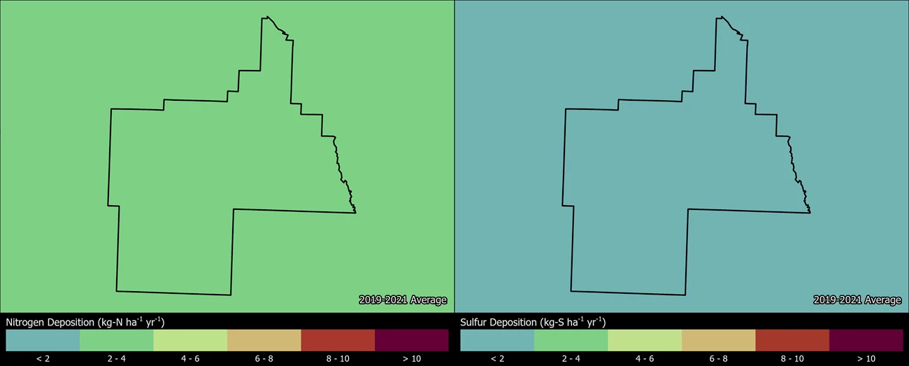 Two maps showing MEVE boundaries. The left map shows the spatial distribution of estimated total nitrogen deposition levels from 2000-2002. The right map shows the spatial distribution of estimated total sulfur deposition levels from 2000-2002.