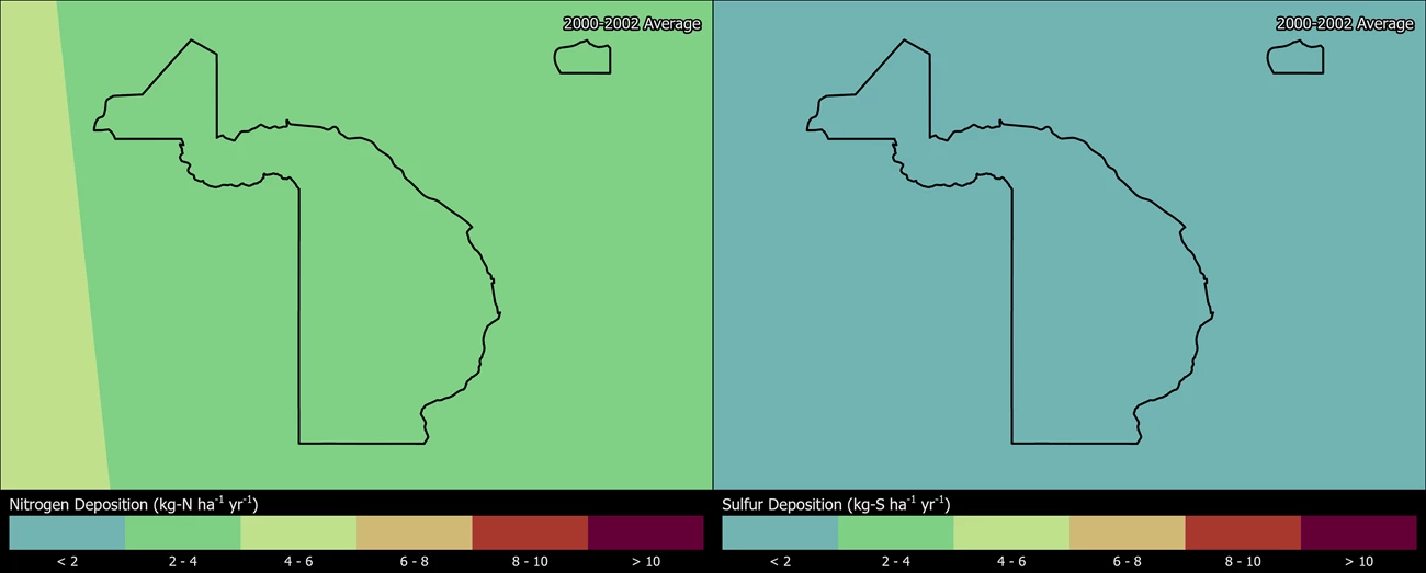 Two maps showing BAND boundaries. The left map shows the spatial distribution of estimated total nitrogen deposition levels from 2000-2002. The right map shows the spatial distribution of estimated total sulfur deposition levels from 2000-2002.