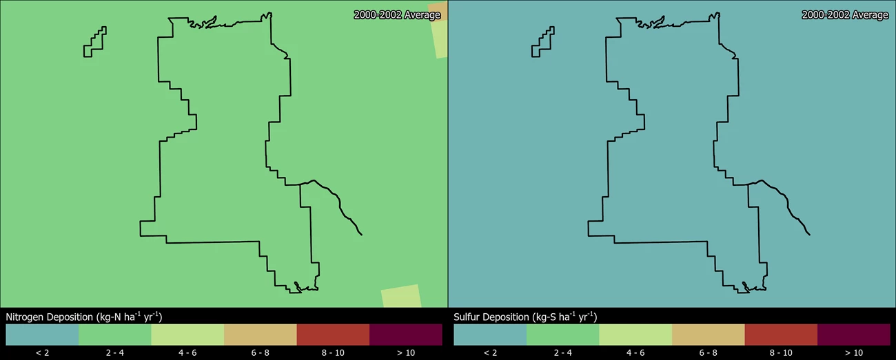 Two maps showing CANY boundaries. The left map shows the spatial distribution of estimated total nitrogen deposition levels from 2000-2002. The right map shows the spatial distribution of estimated total sulfur deposition levels from 2000-2002.