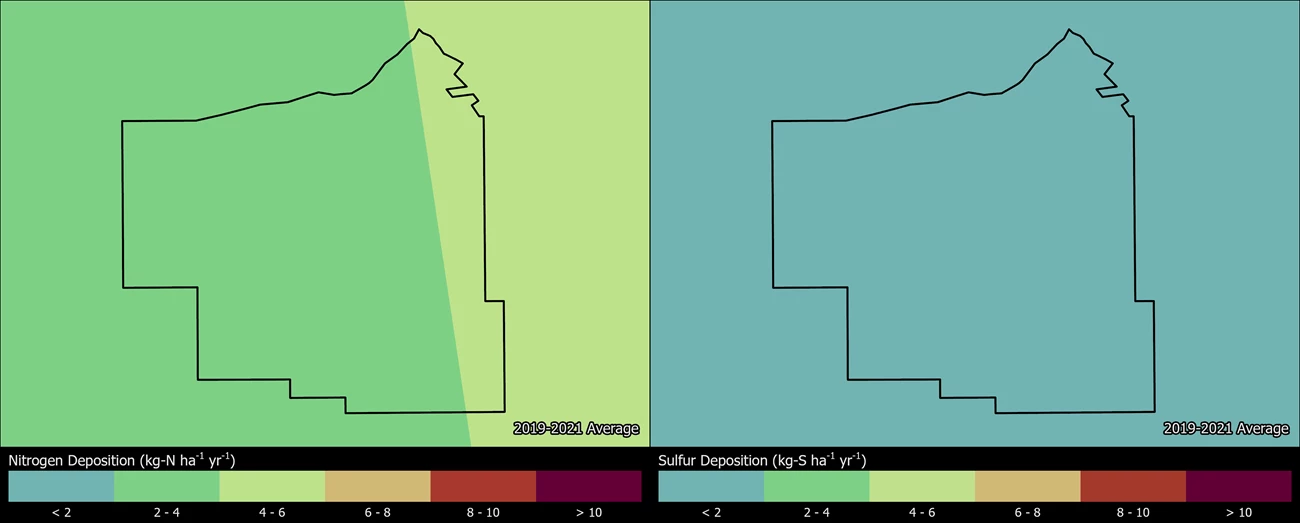 Two maps showing CHIR boundaries. The left map shows the spatial distribution of estimated total nitrogen deposition levels from 2000-2002. The right map shows the spatial distribution of estimated total sulfur deposition levels from 2000-2002.