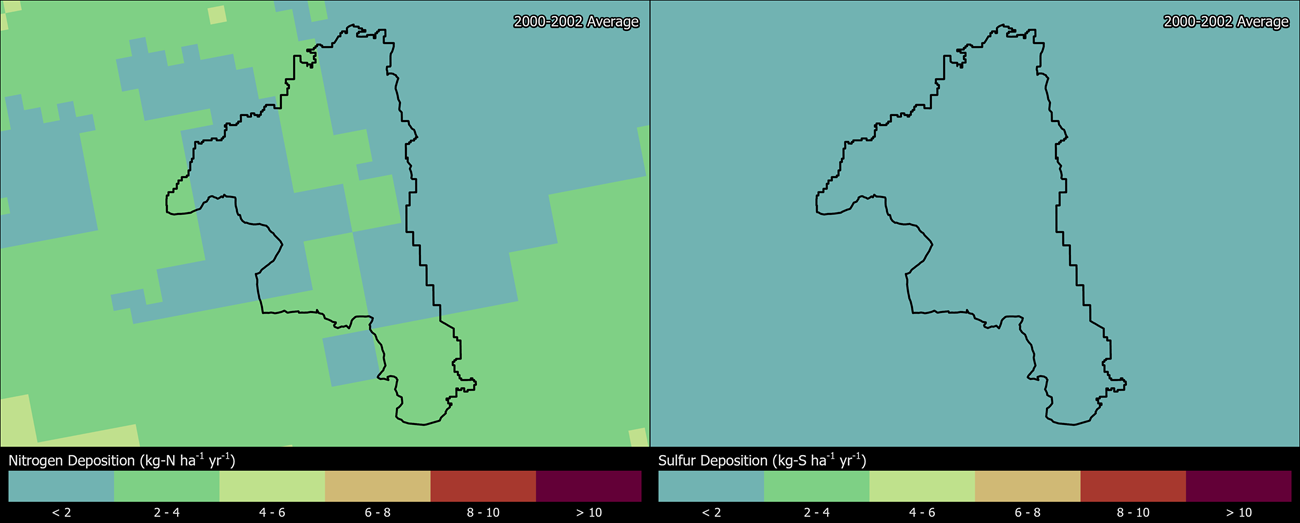 Two maps showing CRMO boundaries. The left map shows the spatial distribution of estimated total nitrogen deposition levels from 2000-2002. The right map shows the spatial distribution of estimated total sulfur deposition levels from 2000-2002.