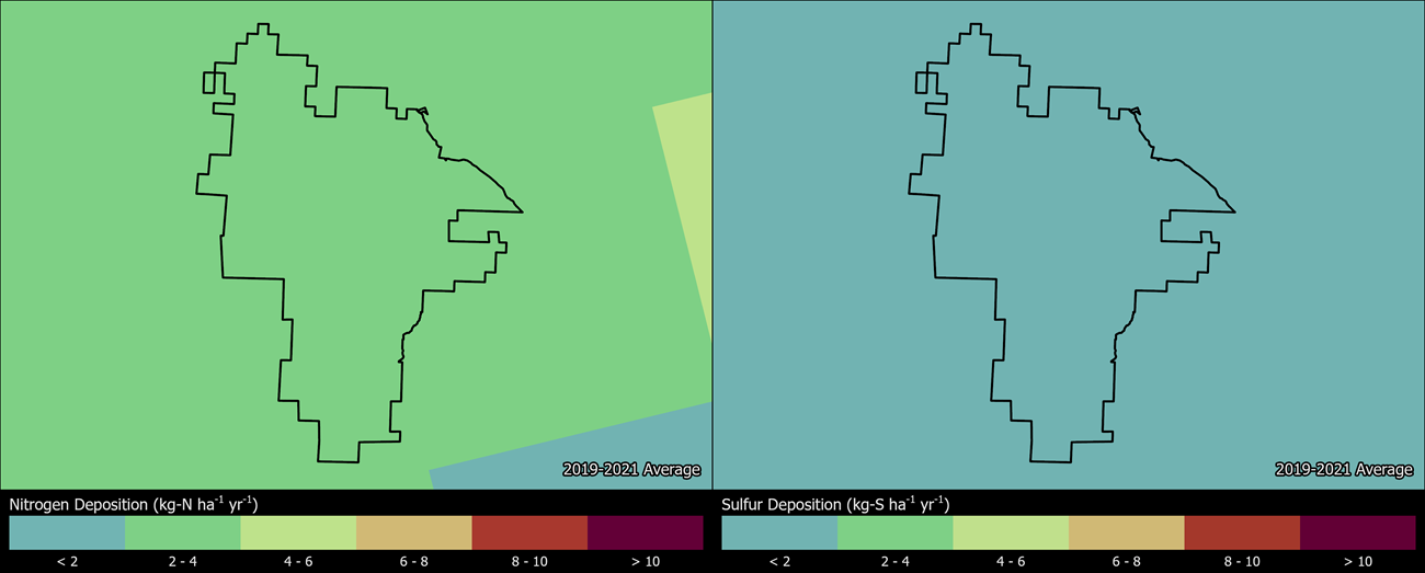 Two maps showing PINN boundaries. The left map shows the spatial distribution of estimated total nitrogen deposition levels from 2000-2002. The right map shows the spatial distribution of estimated total sulfur deposition levels from 2000-2002.