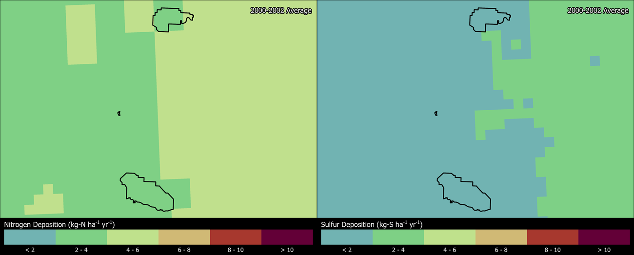 Two maps showing THRO boundaries. The left map shows the spatial distribution of estimated total nitrogen deposition levels from 2000-2002. The right map shows the spatial distribution of estimated total sulfur deposition levels from 2000-2002.