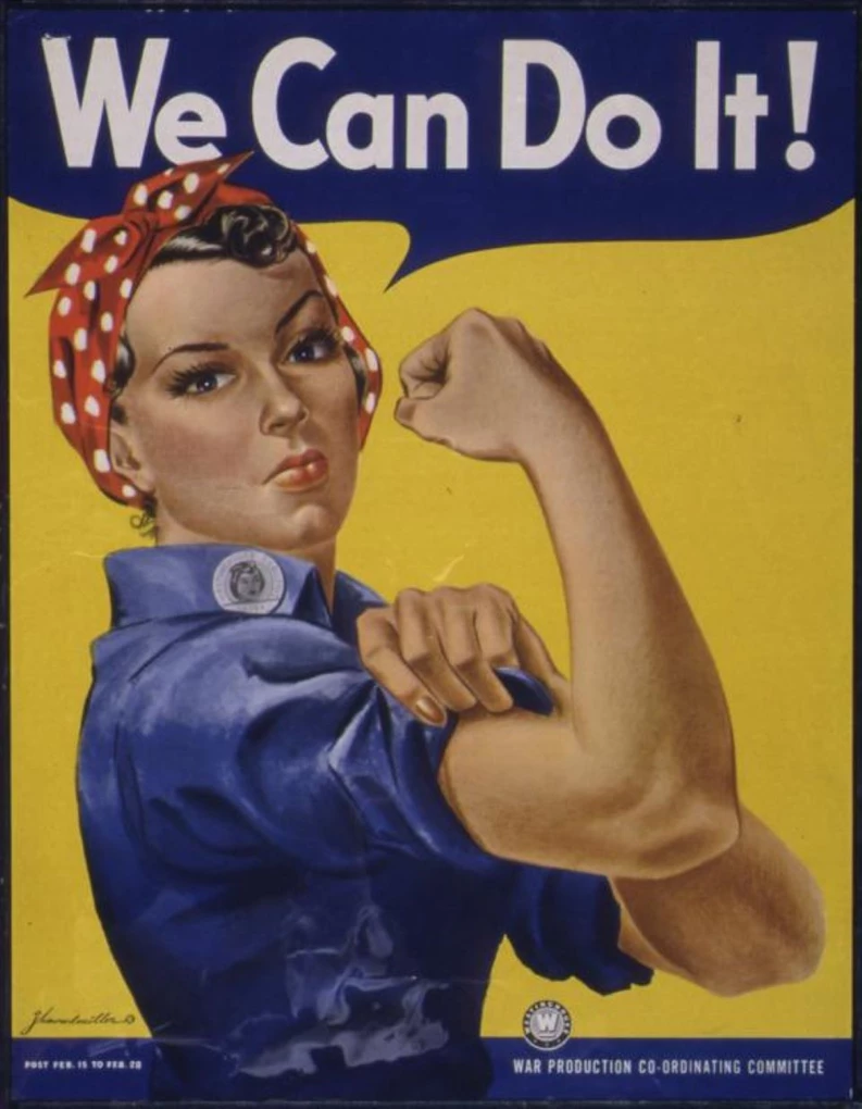 Color poster of white woman in blue coveralls and red polkadot head wrap flexing her bicep and the speech bubble "We Can Do It" across the top