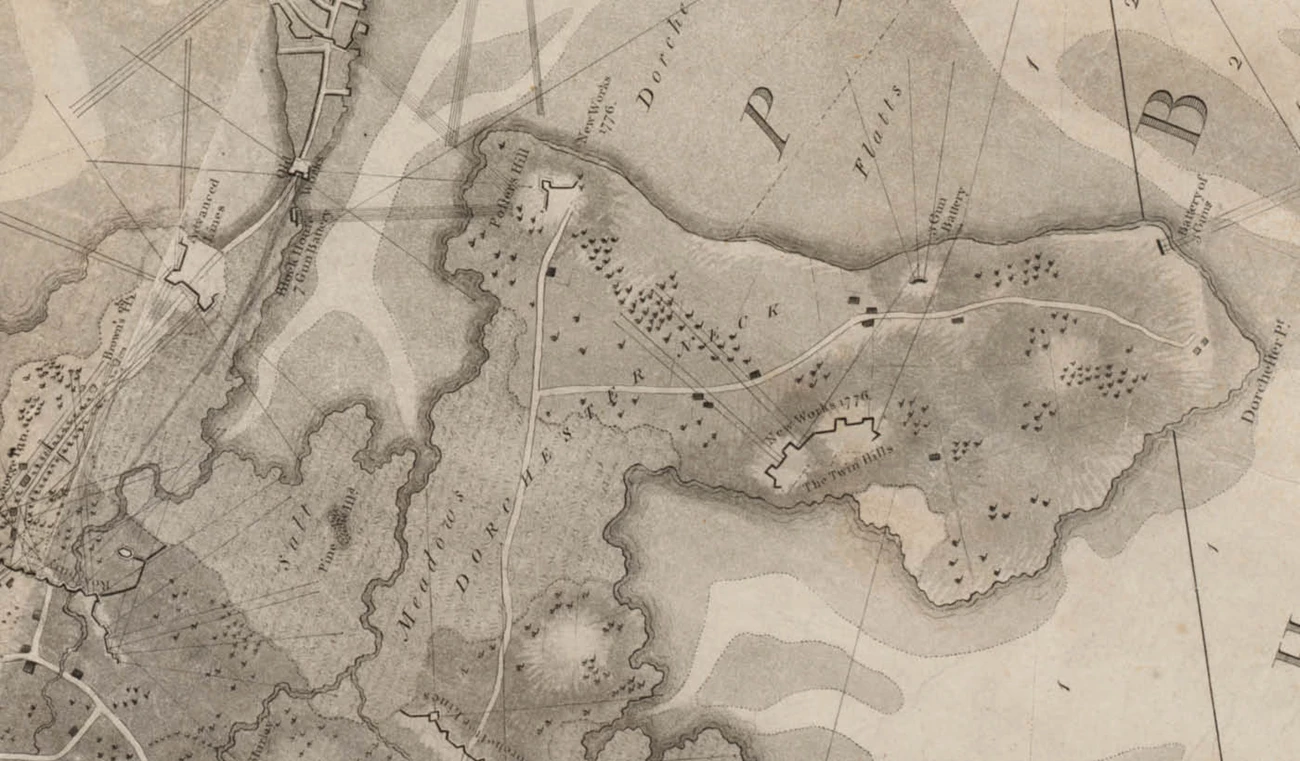 Grey scale map from 1776 that shows the Dorchester Peninsula in Boston Harbor