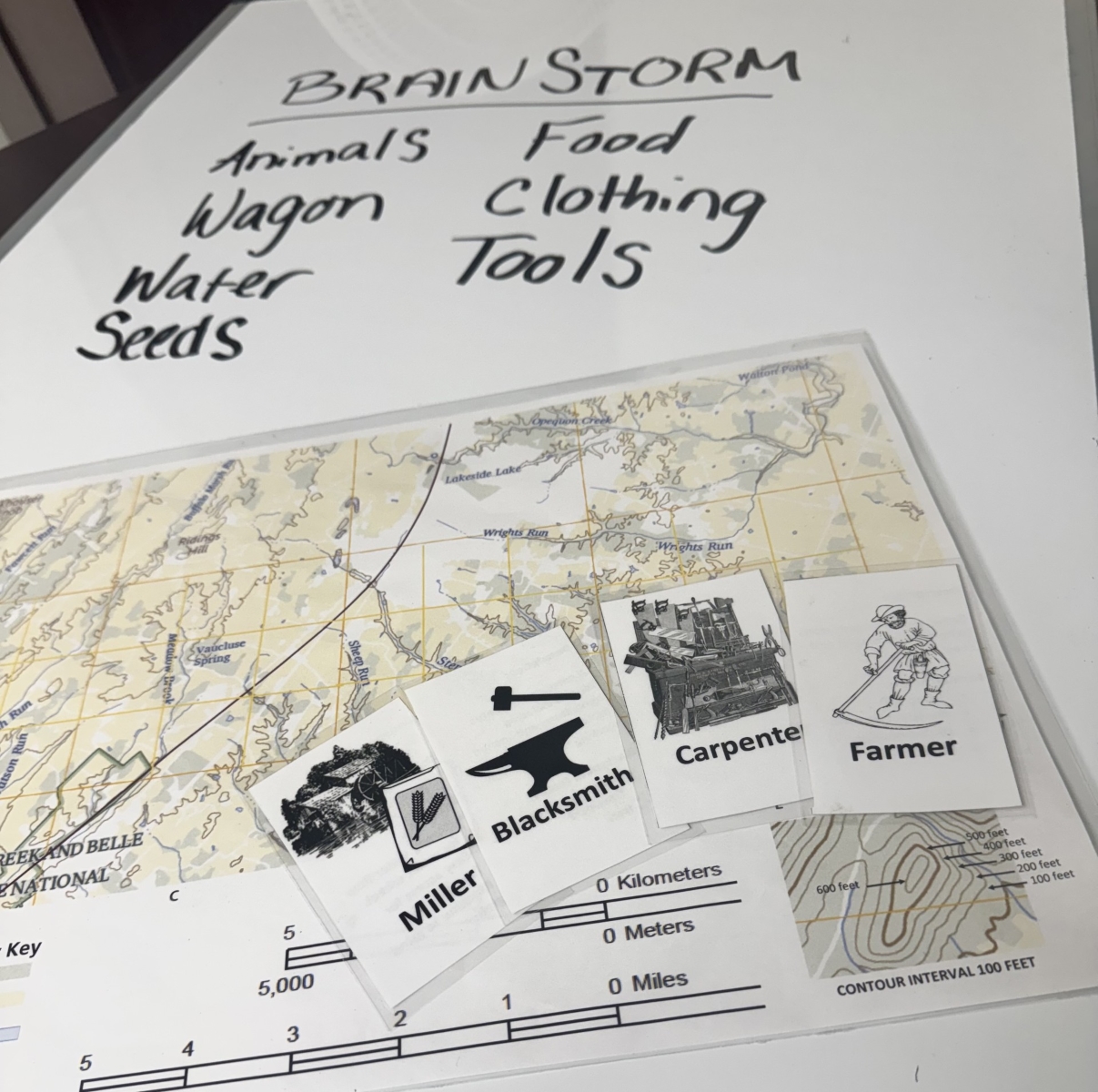 Map with pictures of jobs overtop a board with a list of items including Map with pictures of jobs overtop a board with a list of items including "food, water, tools"