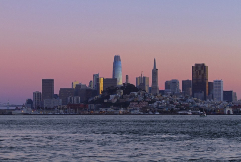 City skyline viewed across water at sunset.