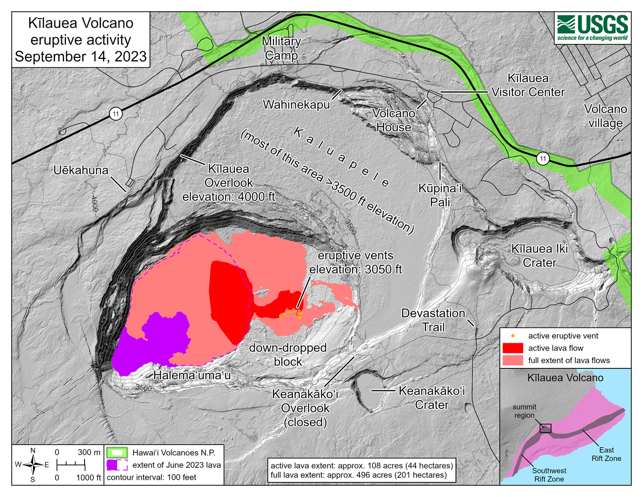 A eruptive activity map for September 2023. Map shows lava filling a larger portion of a volcanic crater in an area known as the down-dropped block. The lava filled 496 acres of the crater.