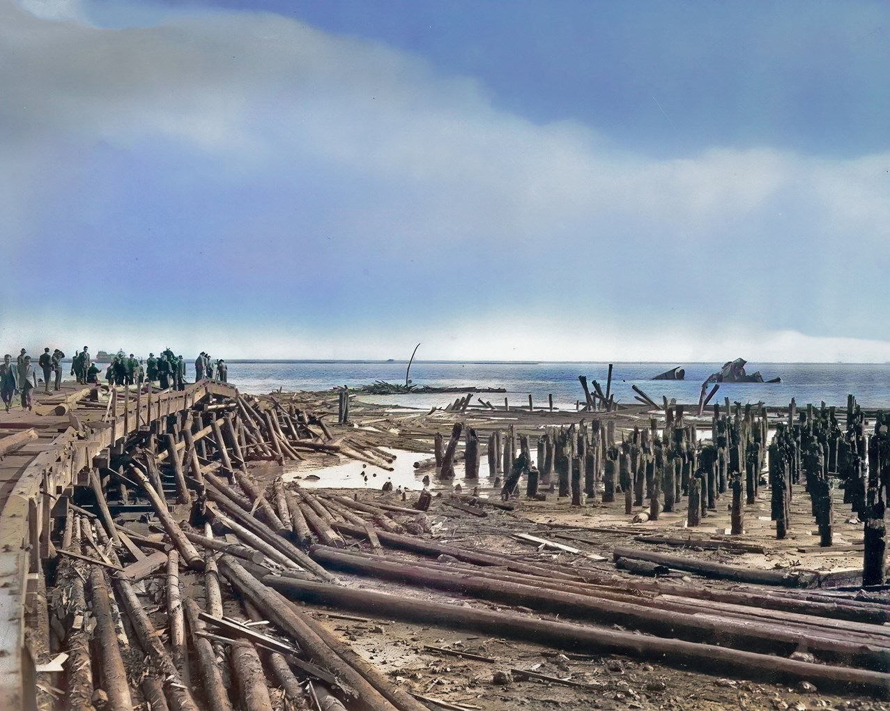 Historic black and white photo of the damaged pier. Debris is everywhere. Bay water is seen.