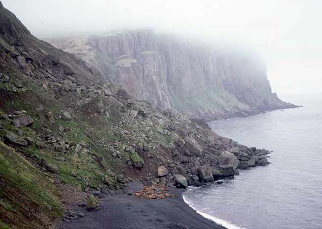 a rocky slope partially slumping into the ocean a rocky slope partially slumping into the ocean