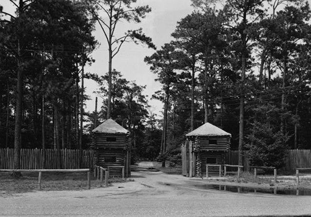 Fort Raleigh entrance showing two log blockhouses, 1930s Fort Raleigh entrance showing two log blockhouses, 1930s