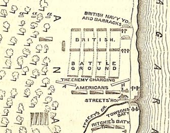 Map of troop deployment in the Battle of Chippawa. Niagara River on right.