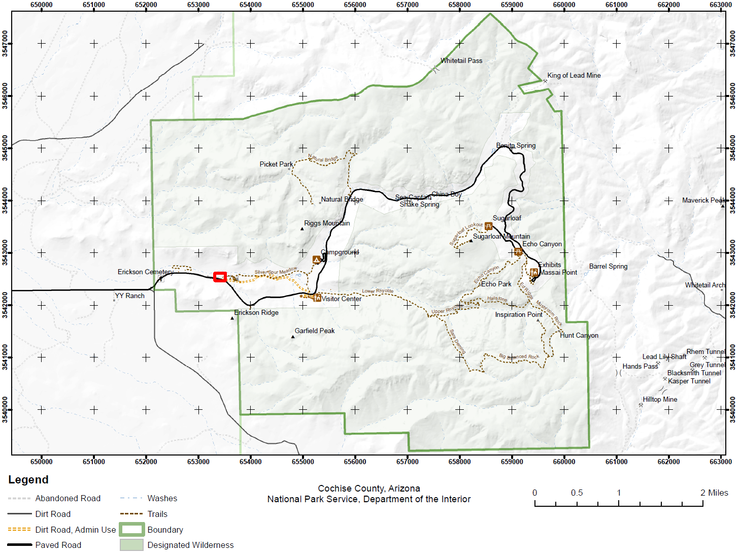 Overview map of Chiricahua NM, red box outlines Faraway Ranch