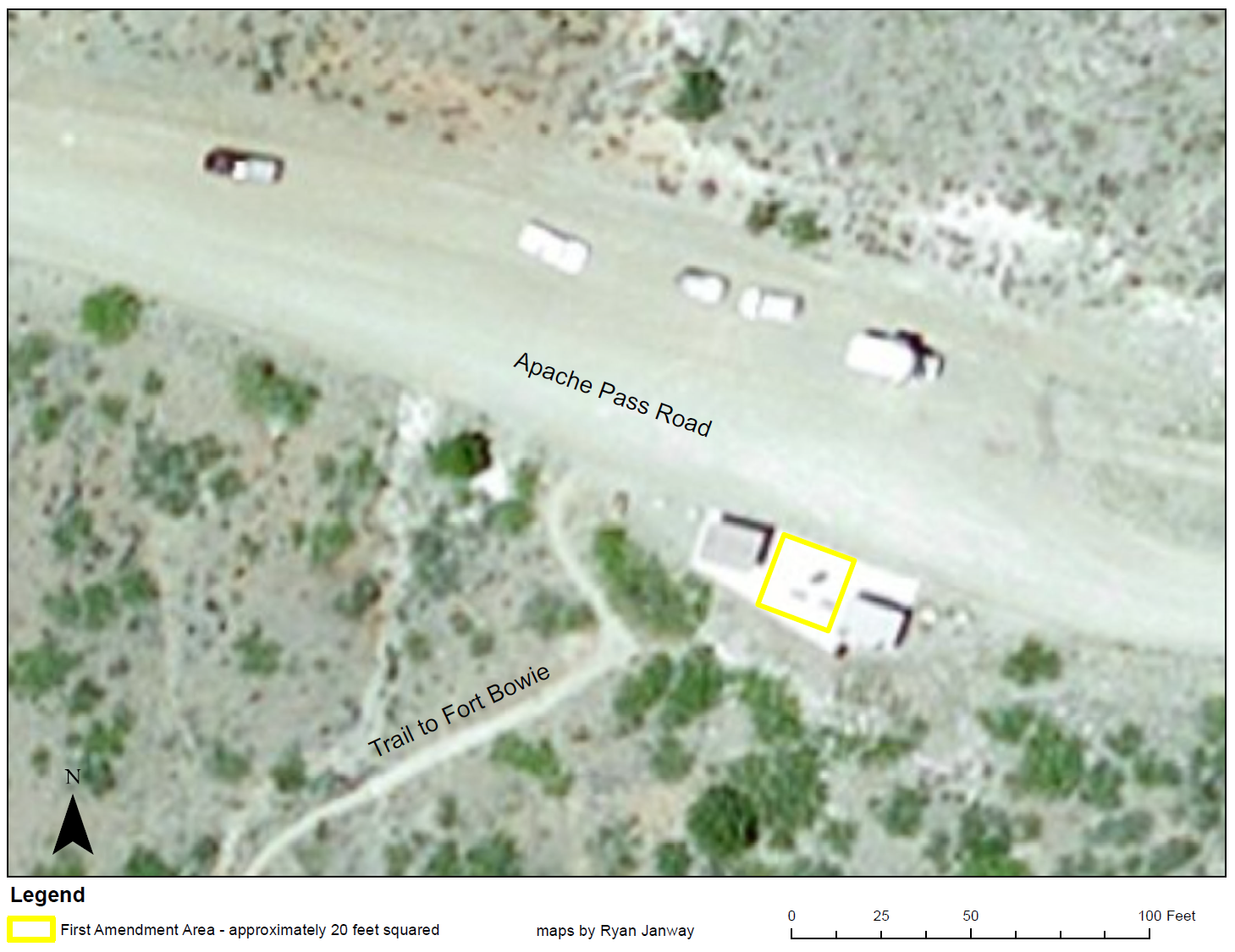 Aerial view of trailhead, yellow outline shows area