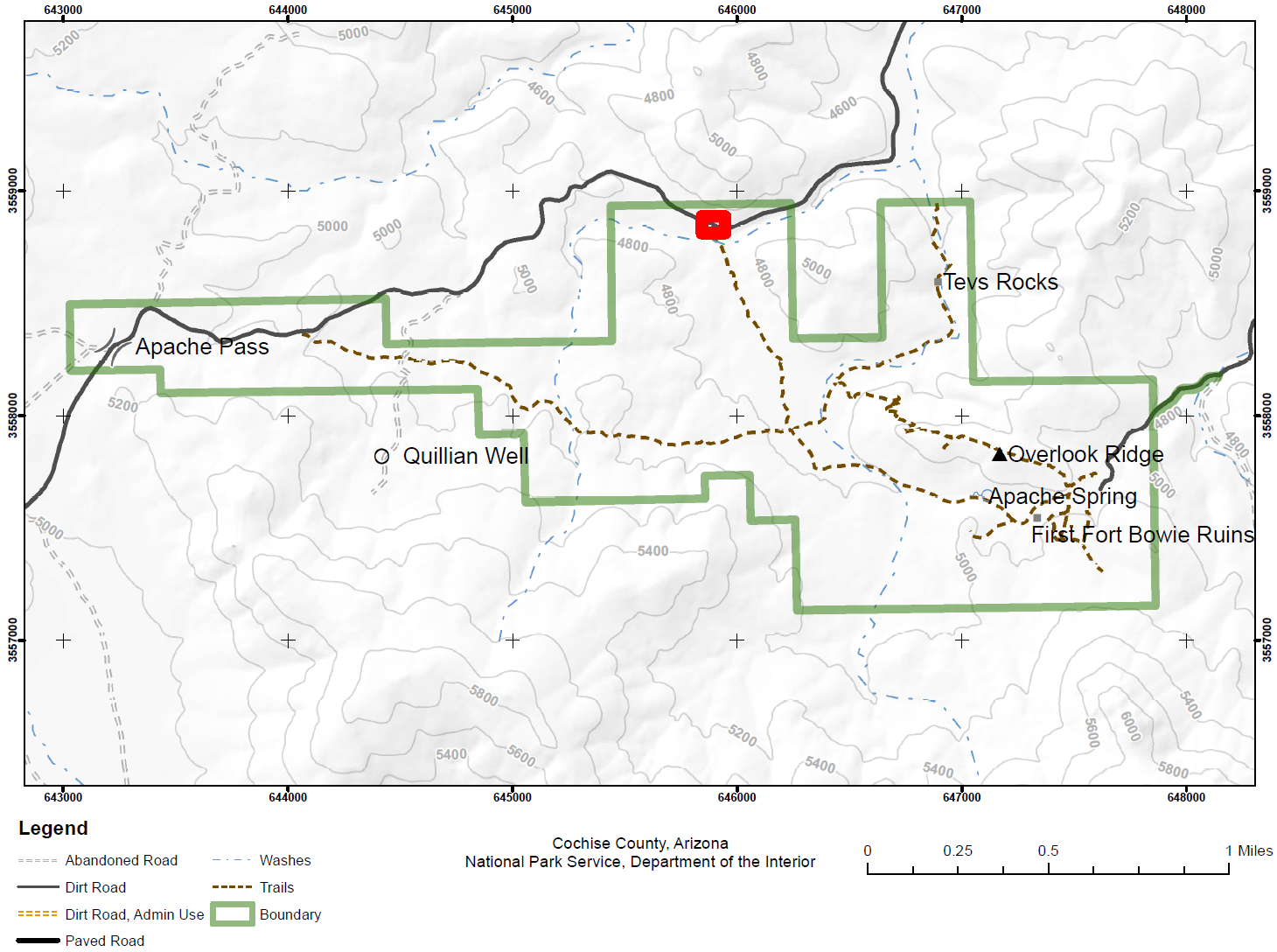 Overview map of Fort Bowie, red box outlines Trailhead