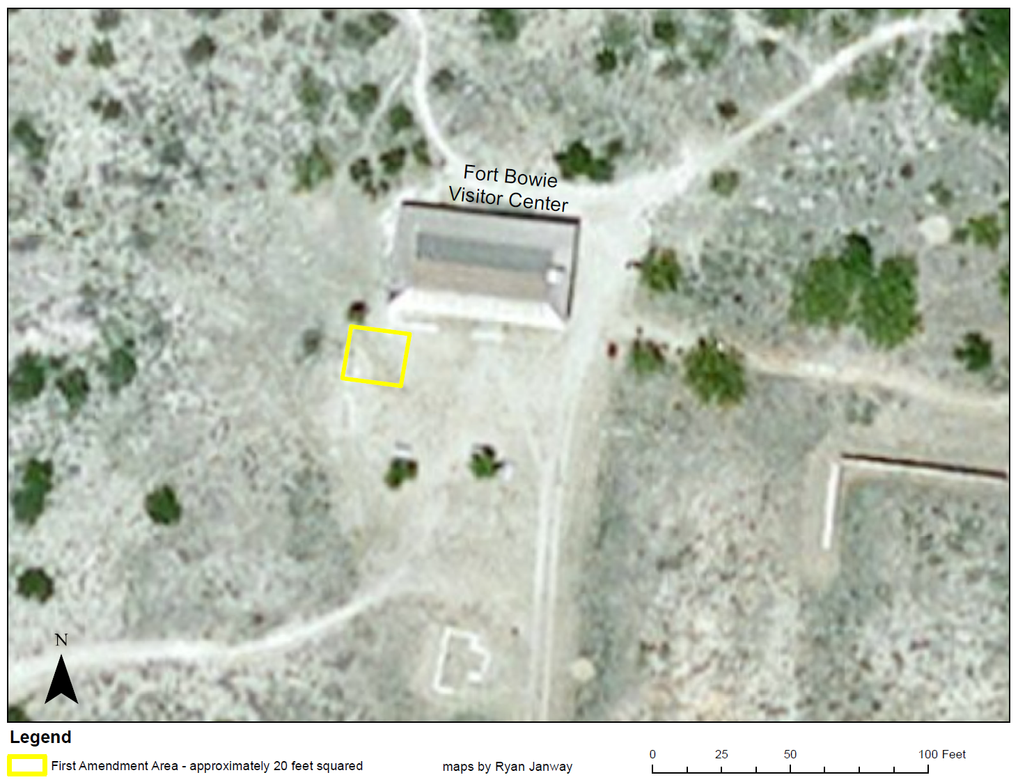 Aerial view of visitor center, yellow outline shows area