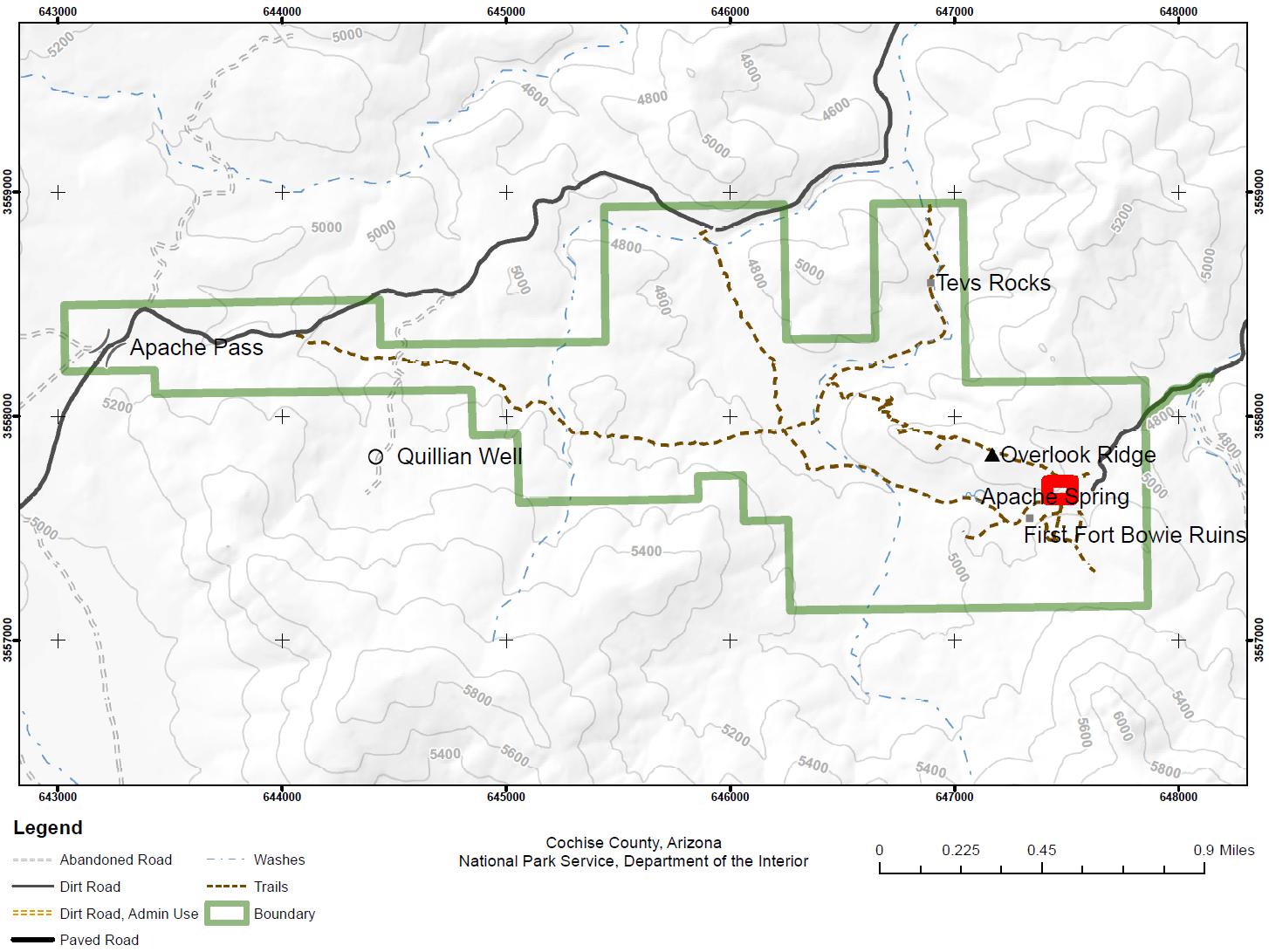 Overview map of Fort Bowie, red box outlines area