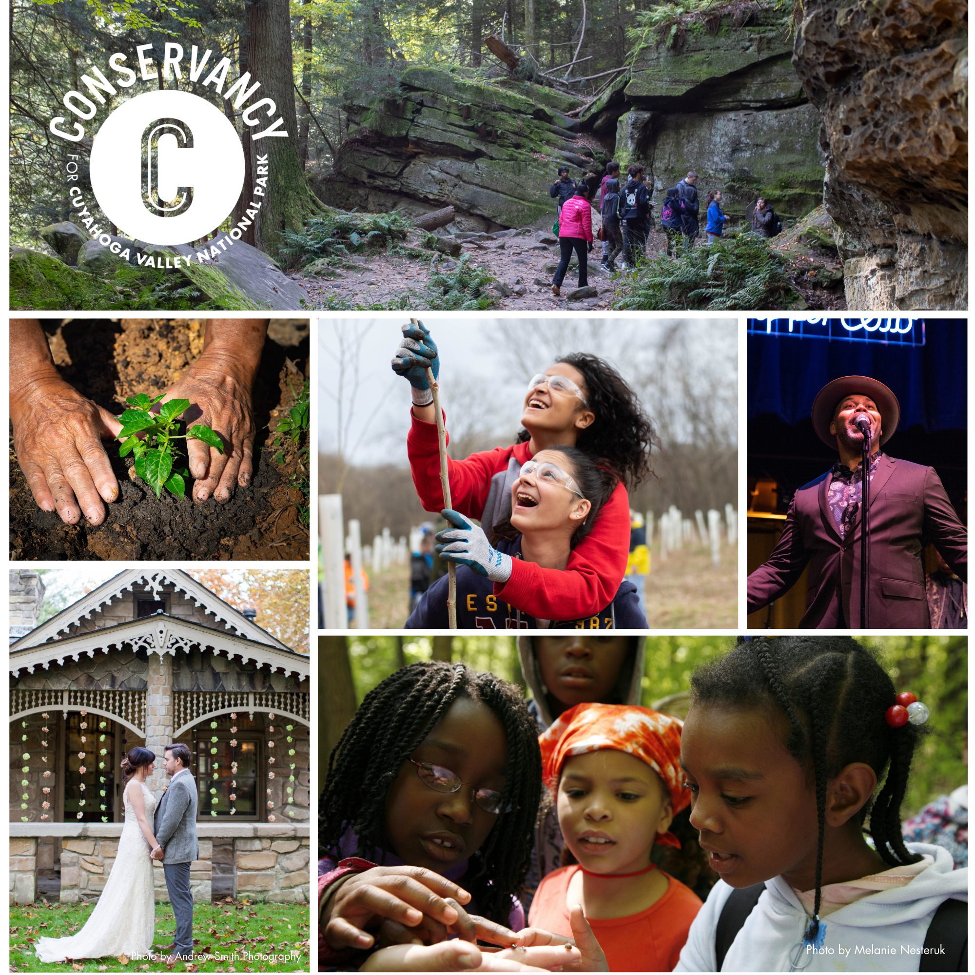 A collage of images of people enjoying the outdoors and planting trees.