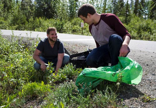 two men crouching down digging dandelions