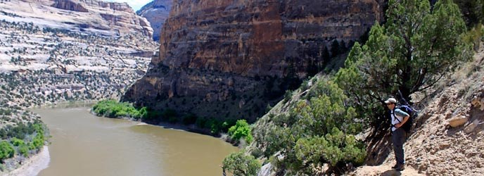 A hiker enjoys the view over the Yampa River near Jenny Lind Rock.