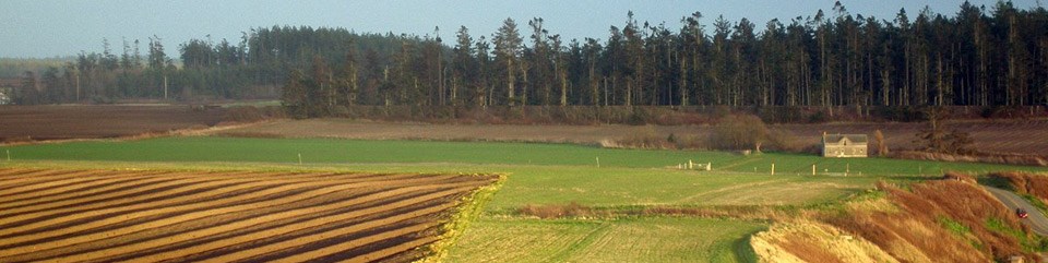 Farm field with old house in the distance.