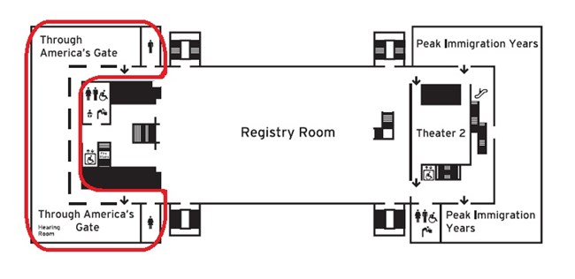 A map of the second floor of Ellis Island showing the closed exhibits.