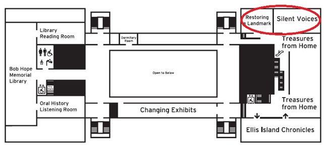 A map of the exhibits on the third floor of Ellis Island