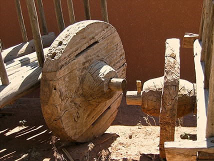 Massive, handhewn wooden cart