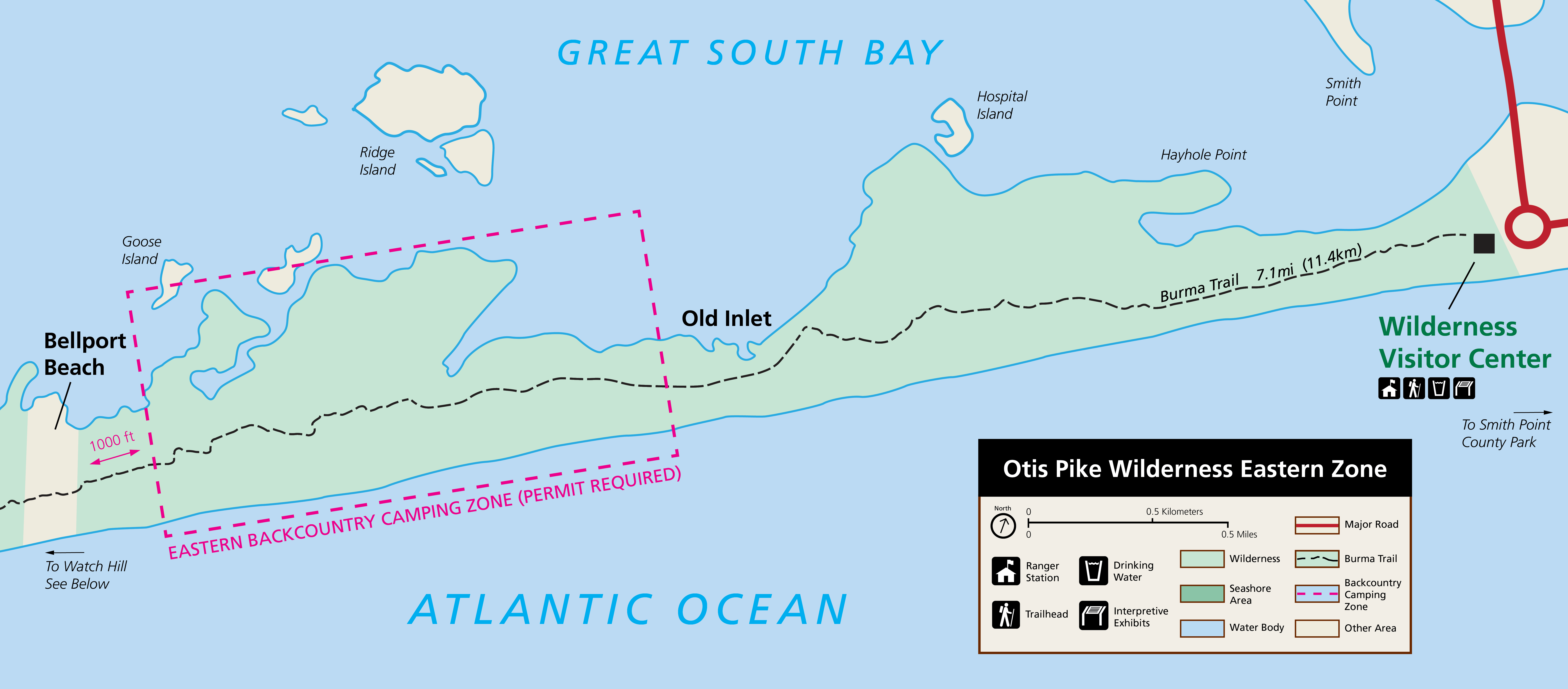 A color map of the eastern wilderness zone with the Wilderness Visitor Center in the east and Bellport Beach in the west. A dashed line runs the length of the map showing the Burma Trail. A magenta-colored dashed box shows the backcountry camping zone.