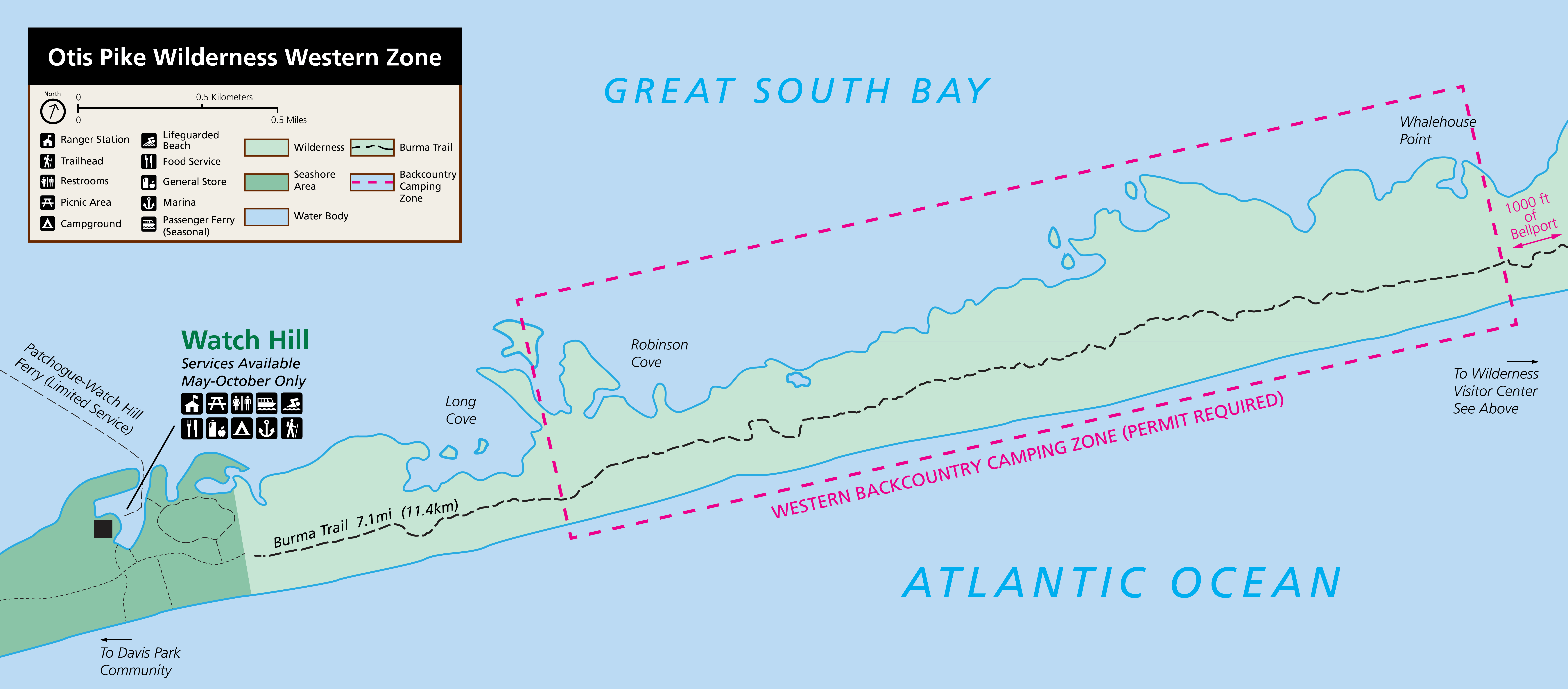 A color map of the western wilderness zone with the area west of Bellport Beach in the east and Watch Hill in the west. A dashed line runs the length of the map showing the Burma Trail. A magenta-colored dashed box shows the backcountry camping zone.