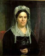 Head and torso portrait of Rachel Jackson holding a rosary in her left hand