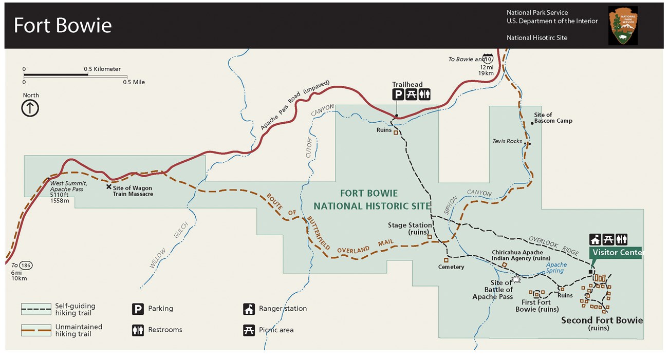 map of Fort Bowie showing trails, key sites, and Butterfield Stage route