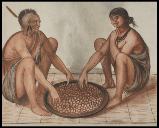 A watercolor painting of two algonquian people seating around a bowl of food